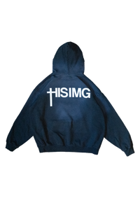 Navy blue hoodie with 'HISIMG' text on the back against a white background
