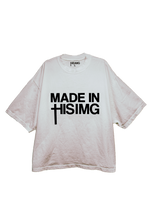 White crew neck t-shirt with the text 'MADE IN THIS IMG' printed in black.