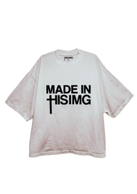 White crew neck t-shirt with the text 'MADE IN THIS IMG' printed in black.